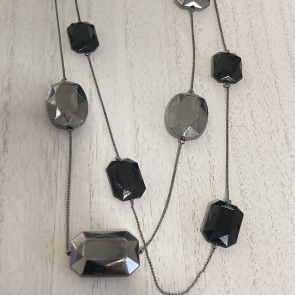 new york 2‎ strand layers gun metal long Necklace 38"